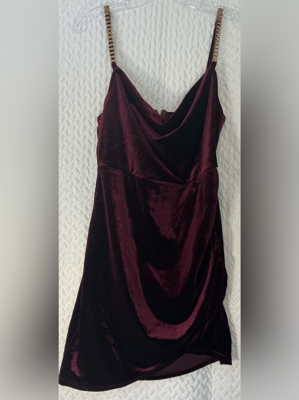 Cider Burgundy Velvet Cowl Neck Mini Dress Gold Chain Straps Size L